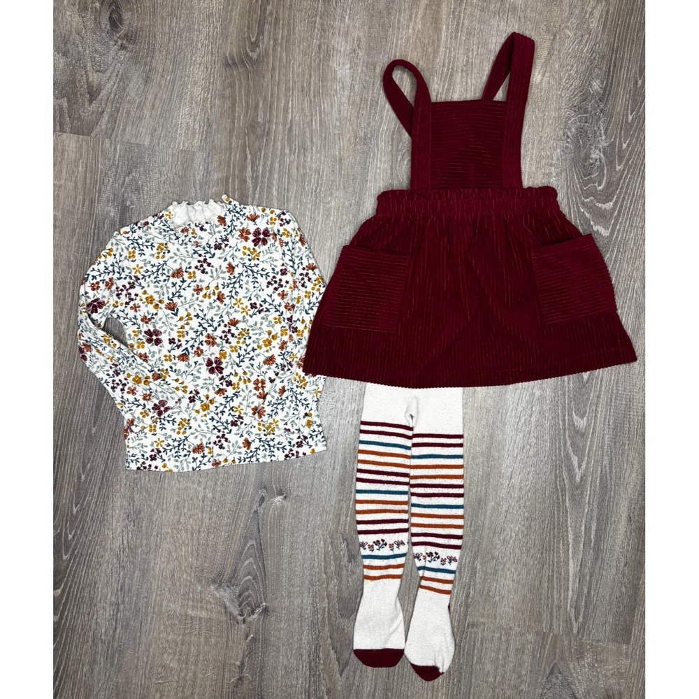 Toddler Girl Floral Long Sleeve Corduroy Romper Jumpsuit Skirt Maroon 2T Fall